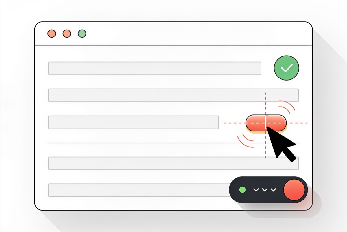 Illustration of Cadence mid-run: dashed coral crosshair guides cross on one coral button in a browser queue while the dark HUD pill with its green dot and red stop button floats over the window's corner