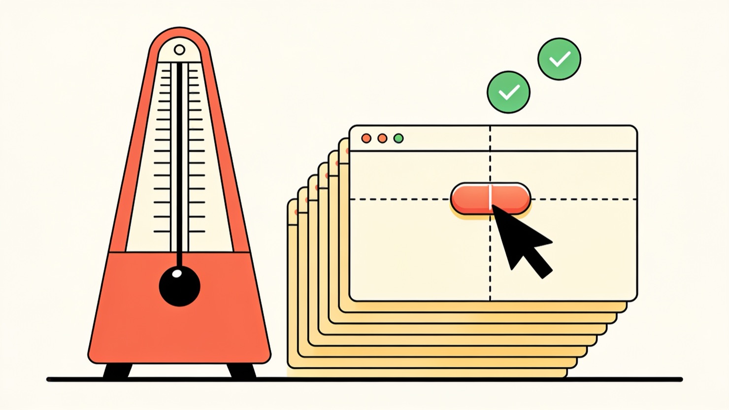 Flat illustration: a coral metronome keeps the beat beside a stack of identical browser windows while a cursor presses the same coral button under dashed crosshair lines